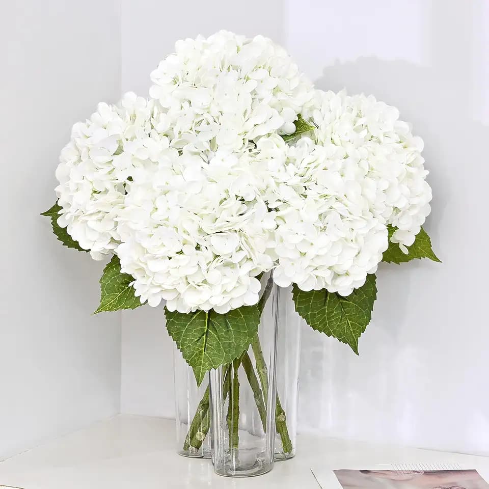 5Pcs 21in Hydrangea Artificial Flowers, Latex Real Touch Hydrangeas (White)
