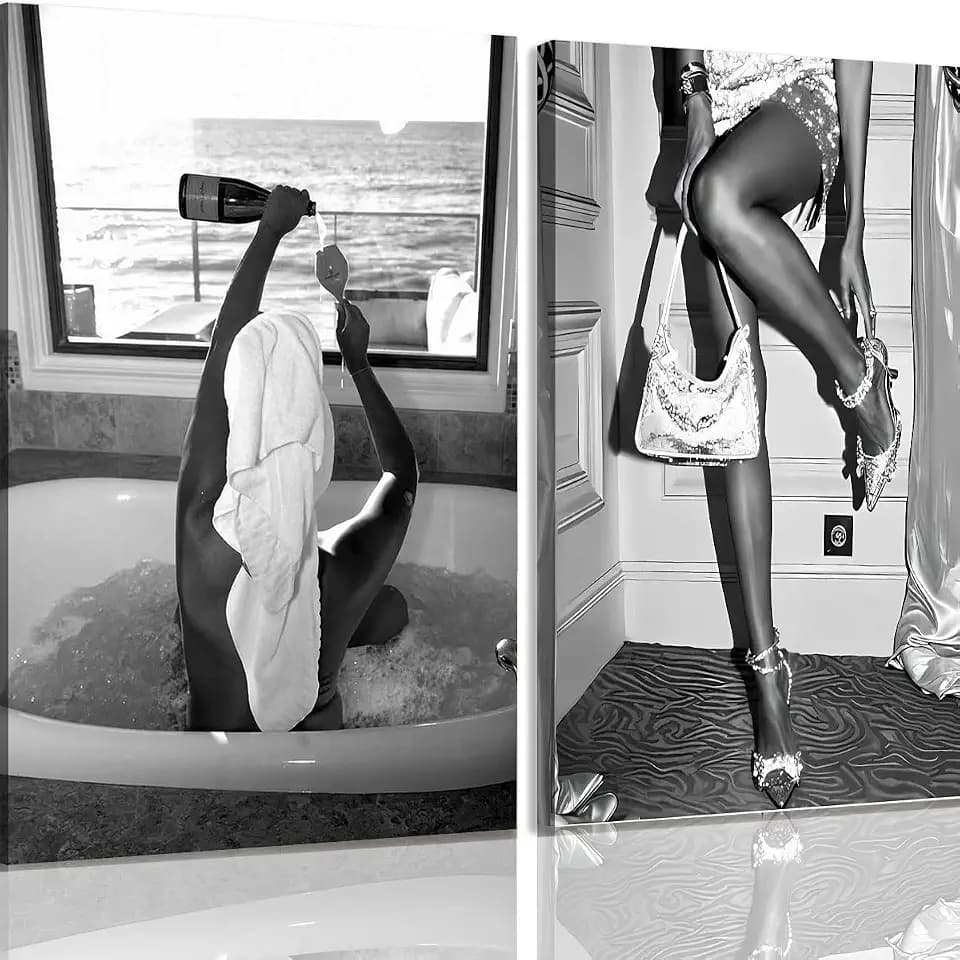 2pcs Fashion Women Canvas Wall Art Black and White Wall Art Aesthetic Posters Feminist Wall Decor Pictures High Heels Woman Drinking Wine Posters Prints for College Dorm Apartment Batchroom Bedroom Decor (Framed-D, 16x24in(40x60cm), Framed)