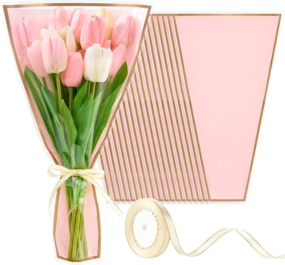 Mauproy Pink Plastic Flower Bags for Bouquets, 17.8 x 11.2 Inches, 50 Pack