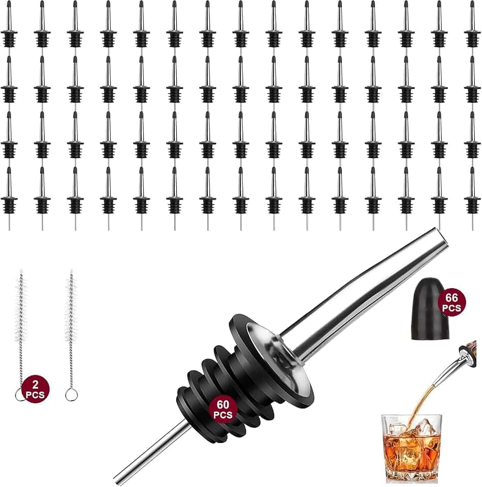60 Pack Liquor Pour Spouts, Stainless Steel Bottle Pourers with Dust Caps
