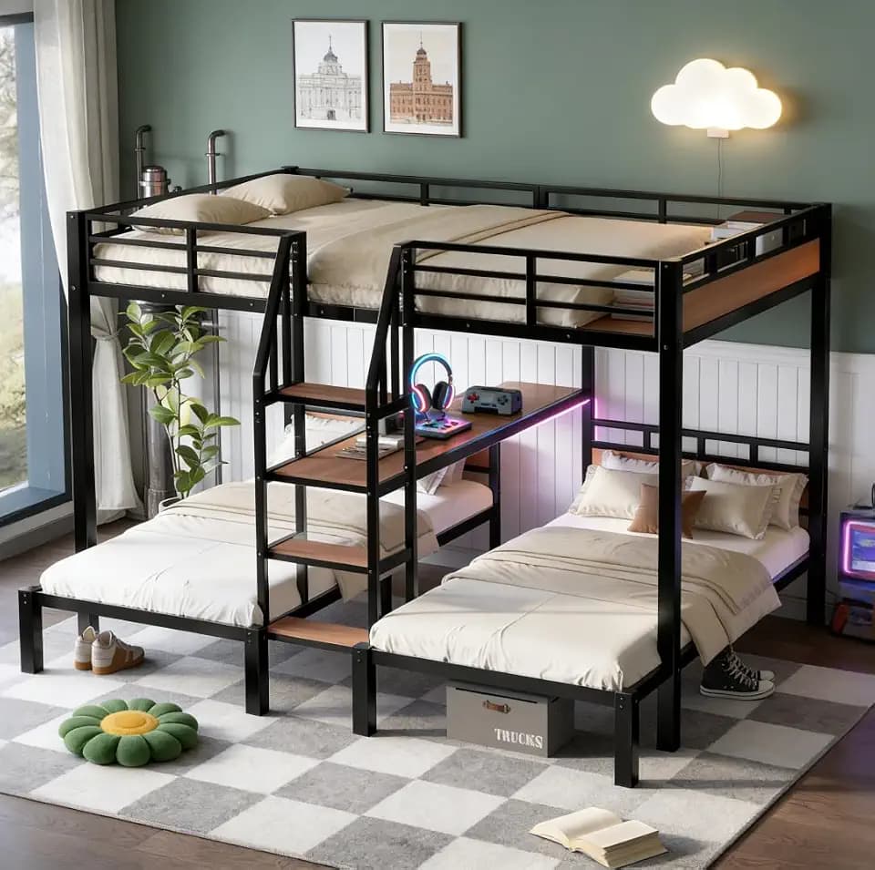 Bellemave Queen Over Twin Over Twin Triple bunk Bed with Storage Shelves and Storage Stairs, 3 bunk Bed, Triple bunk beds for Kids, Teens, Adult.(Black)