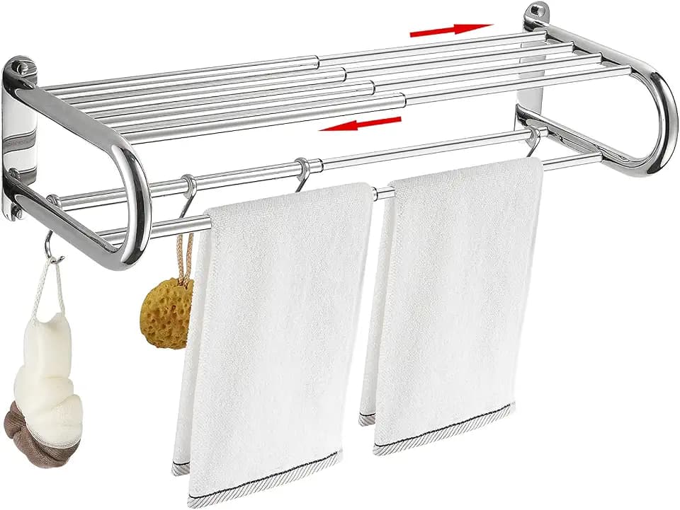 BESy Adjustable Bathroom Towel Rack with Shelf, Towel Bar, Chrome
