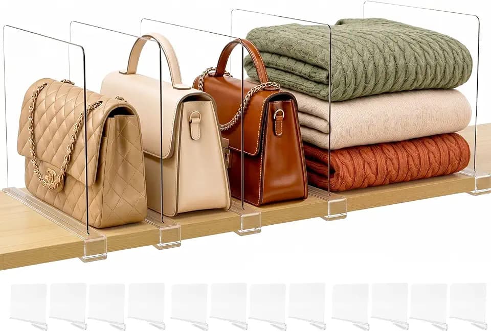 SortNStore Shelf Dividers Purse Organizer for Closet: Acrylic Clear 12 Pack