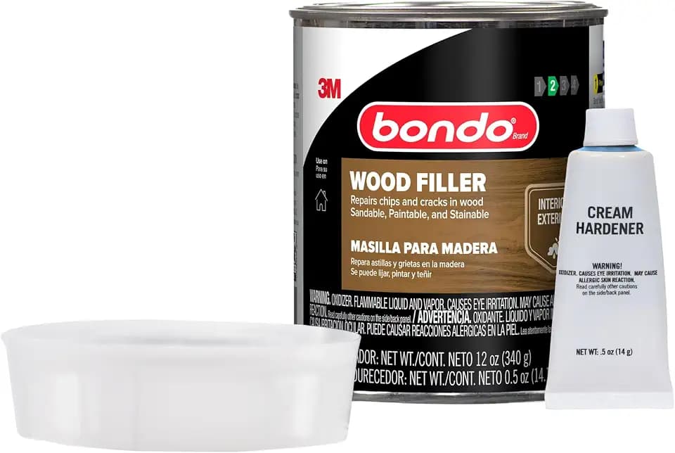 Bondo Wood Filler 12 oz with Hardener 0.5 oz, Repairs Chips and Cracks in Wood, Sandable, Paintable, and Stainable (WF-PT-ES)