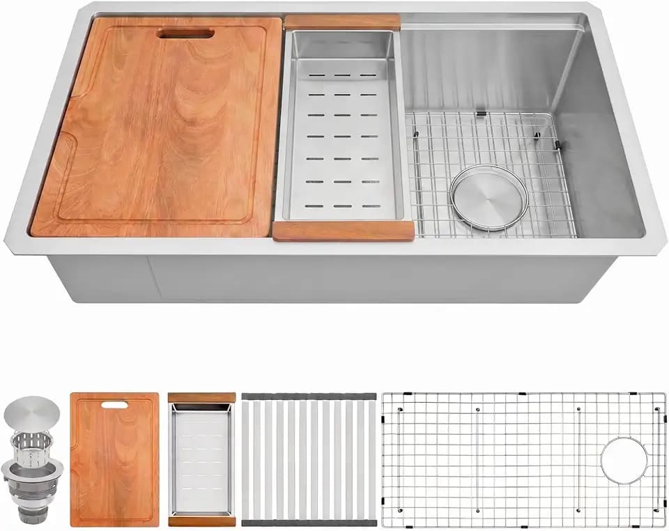 30" X 18" Undermount Kitchen Sink Offset Drain with Workstation