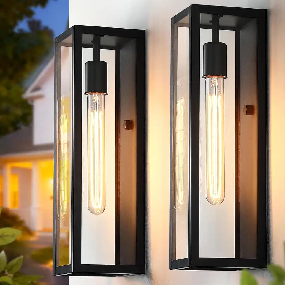 Large Outdoor Wall Light Fixtures 2-Pack, Anti-Rust Porch Lights with Tempered Glass, 16" Modern Farmhouse Black Exterior Lighting Fixtures, Waterproof Outside Sconce Wall Mount for Garage House