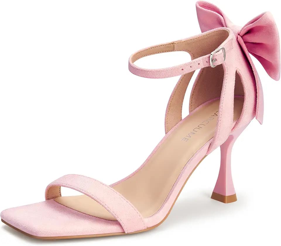 Carcuume Women's Square Toe Heels Bow Tie Ankle Strap Heel Sandals Open Toe Wedding Shoes