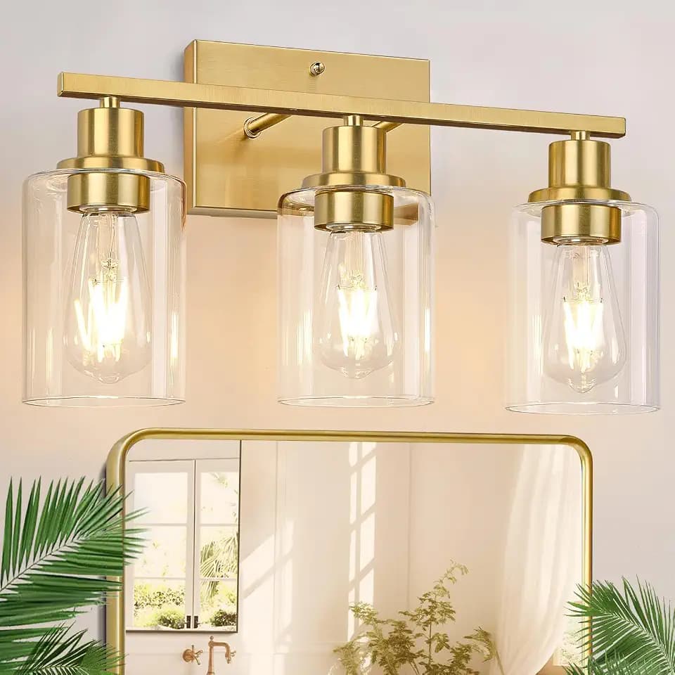 Indoi 3-Light Bathroom Light Fixtures, Brushed Gold Modern Vanity Lights with Clear Glass Shades, Bathroom Wall Lamp for Mirror Living Room Cabinet Bedroom Porch
