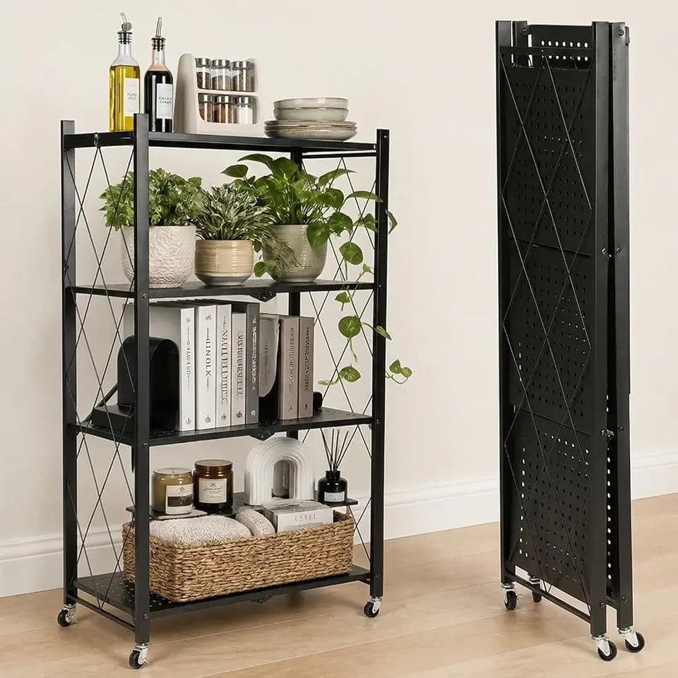 4-Tier Foldable Storage Shelf with Locking Wheels – 200+ lb Capacity Rolling Shelving Unit for Garage, Kitchen, Pantry & Closet | Sets Up in 30 Seconds, No Tools Needed