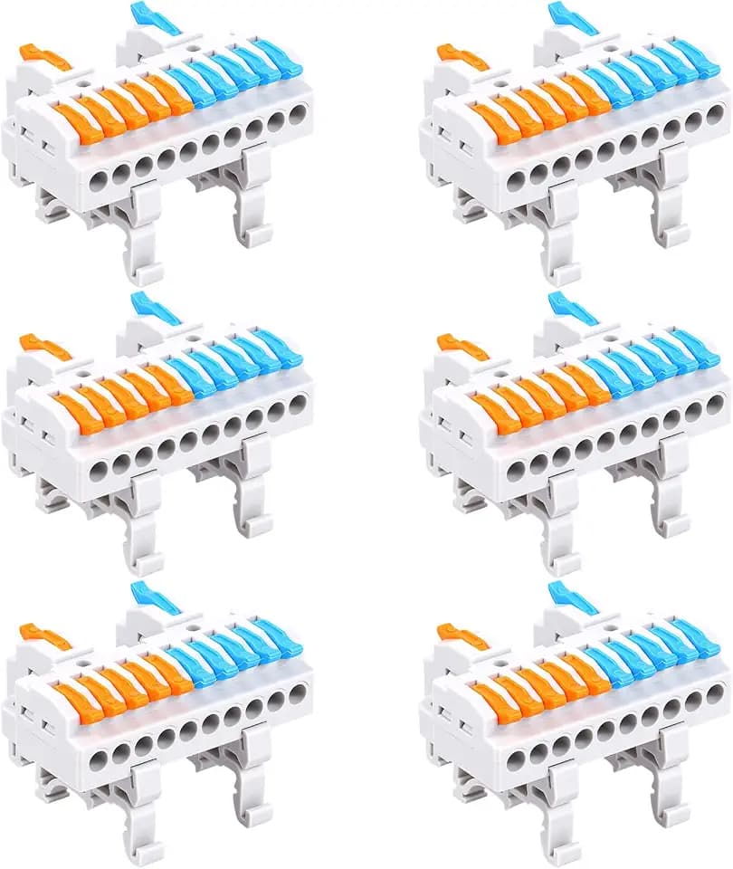 6Pcs DIN Rail Terminal Blocks Kit, 28-12 AWG 2 in 10 Out Quick Wiring Connectors, Compact Lever Splicing Terminals for Distribution Boxes, Control Cabinets & Electrical Panels
