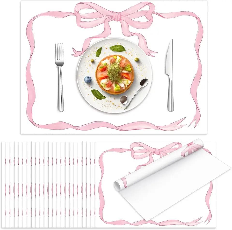 JarThenaAMCS 50 Sheets Pink Bow Paper Placemat Coquette Bowknot Place Mat Cute Disposable Table Mat for Bachelorette Party Dinner Table, 14 x 10 Inch