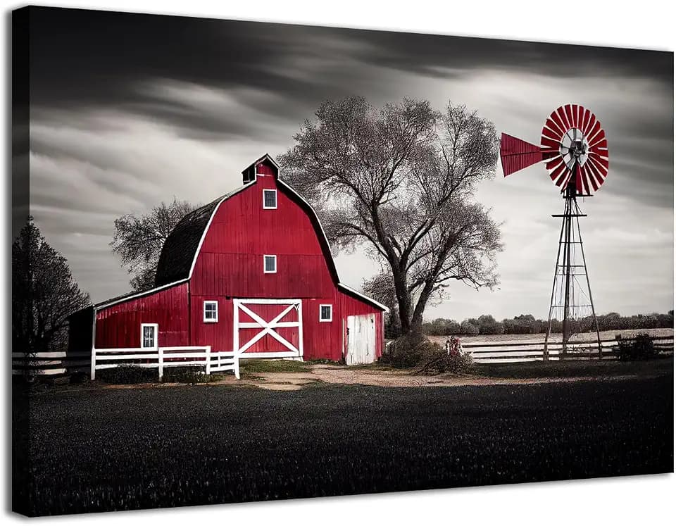 Red and Black Old Barn Wall Art Farmhouse Windmill Wall Decor Living Room Vintage Country Picture Canvas Prints Framed Farm Landscape Painting Modern Artwork Bedroom Kitchen Home Decorations 16x24”