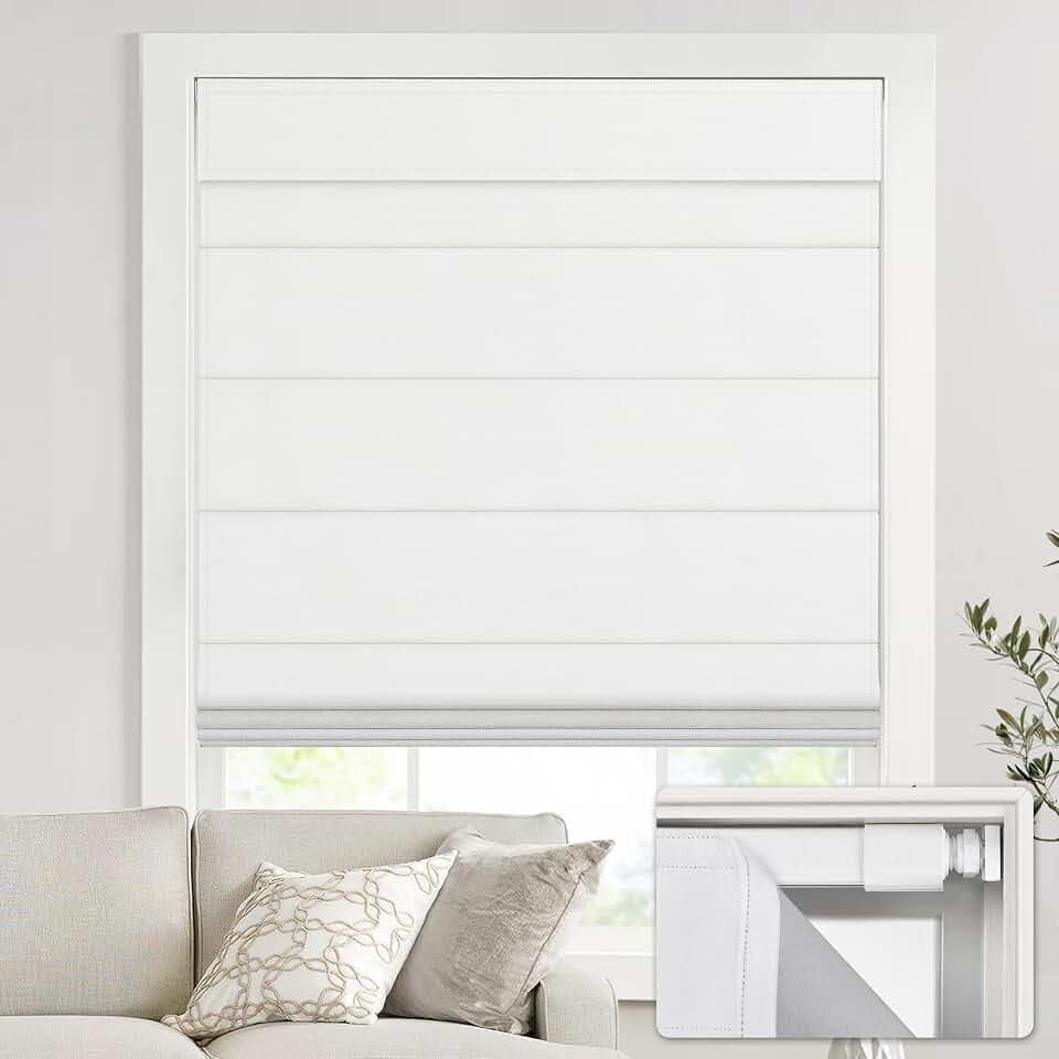 UNISHADES No Drill Cordless Roman Shades, 34×64 in, Room Darkening White