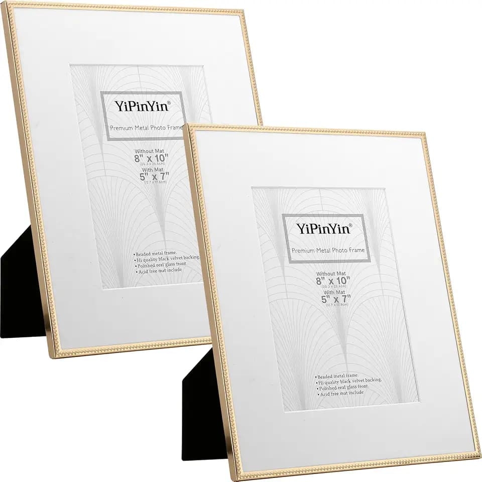 YiPinYin 8x10 Metal Picture Frame Mat 5x7, Real Glass,2 Pack,Gold