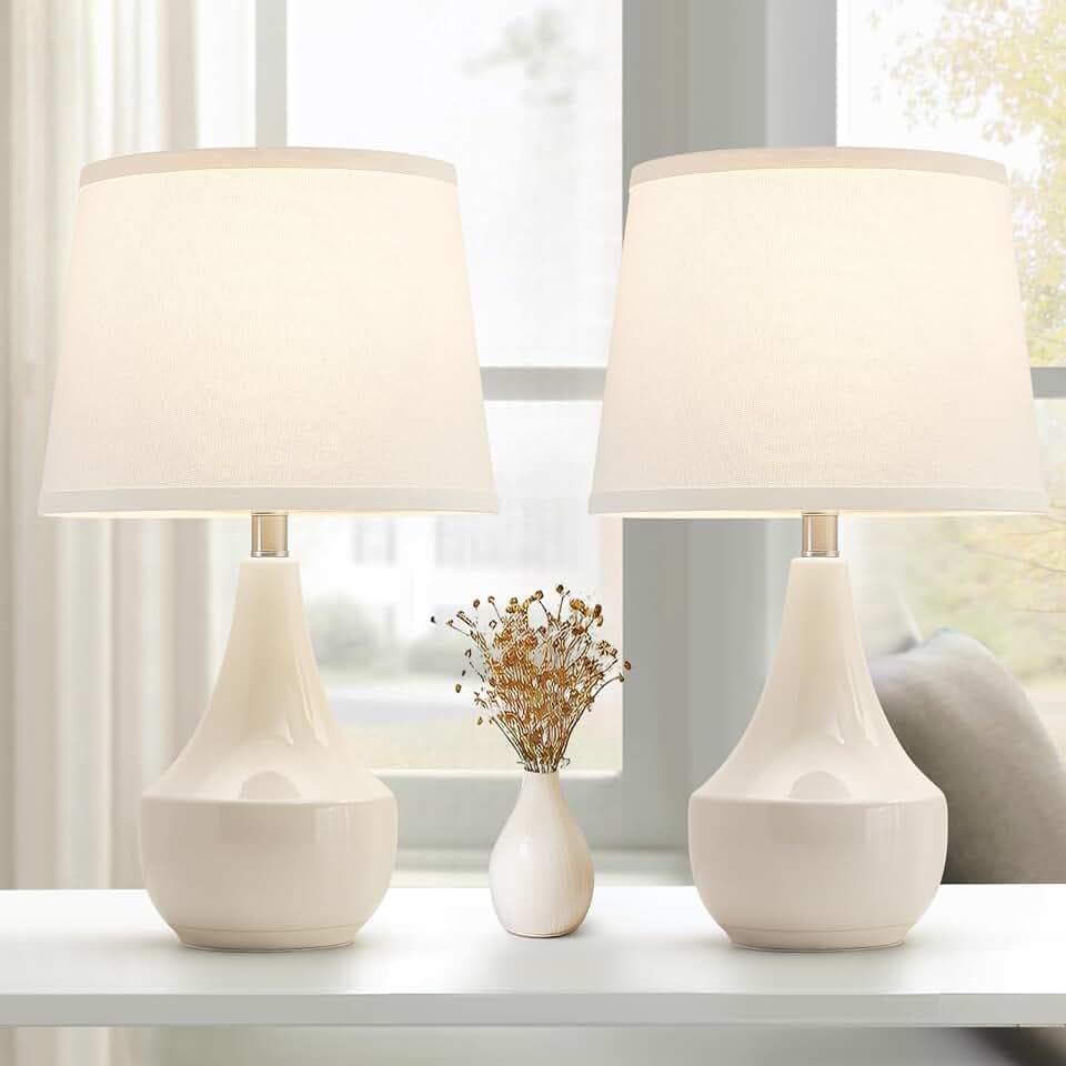 GyroVu 18" Table Lamp Set of 2, Ceramic Table Lamp Classic Beside Lamps Nightstand Lamp Modern Lamp for Living Room, Bedroom & Office Rocker Swtich Cream-LED Bulbs Included
