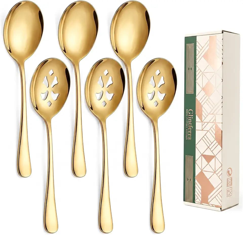 10" Large Gold Serving Spoons Set, 6 PCS 3 Solid & 3 Slotted