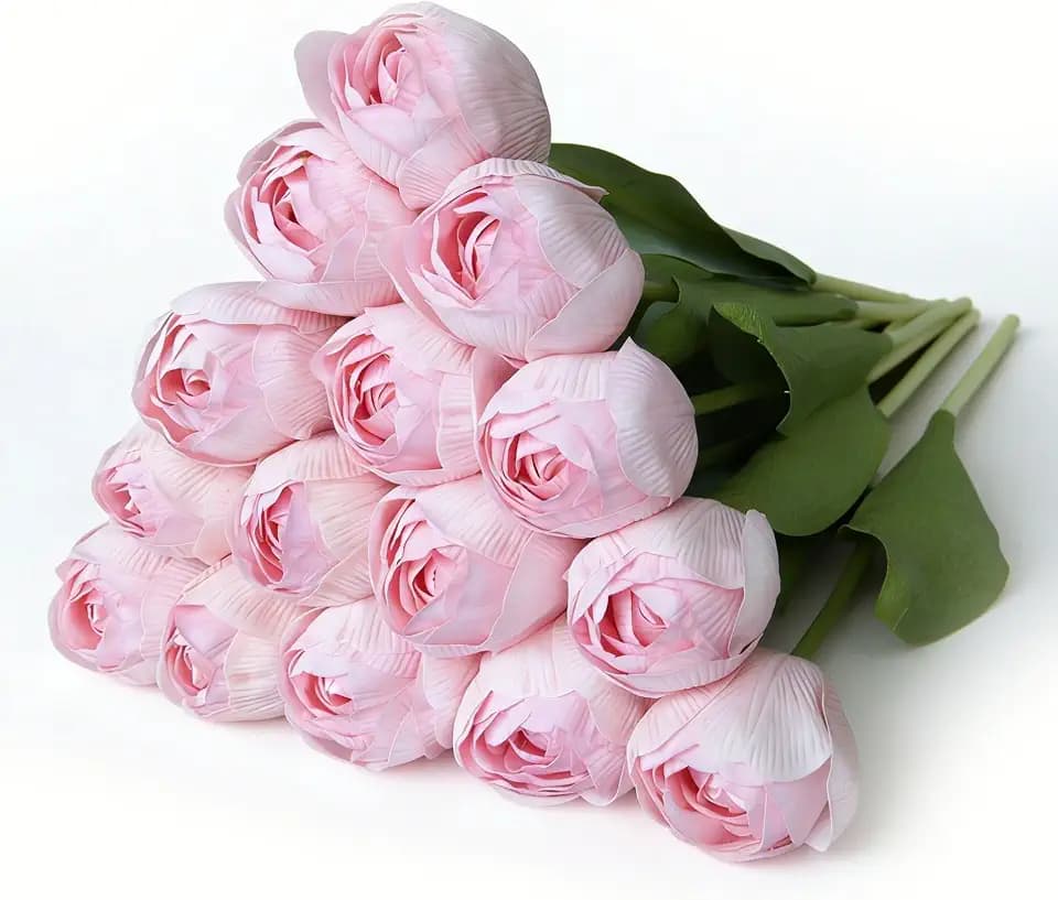 15 Pcs Fake Tulips Real Touch Artificial Flowers PU Faux Tulip Stems 16 Inch for Mom Spring Wedding Home Party Decorations (Pink)