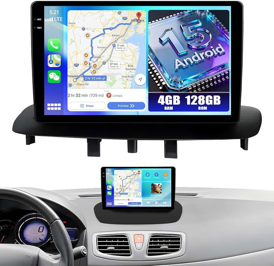 CAMECHO Android 15 4G+128G Autoradio für Renault Megane 3 Export 2009-2014 mit Carplay Android Auto Navi WiFi 9-Zoll Incell Touchscreen mit GPS Bluetooth5.0 FM/RDS+HD Rückfahrkamera