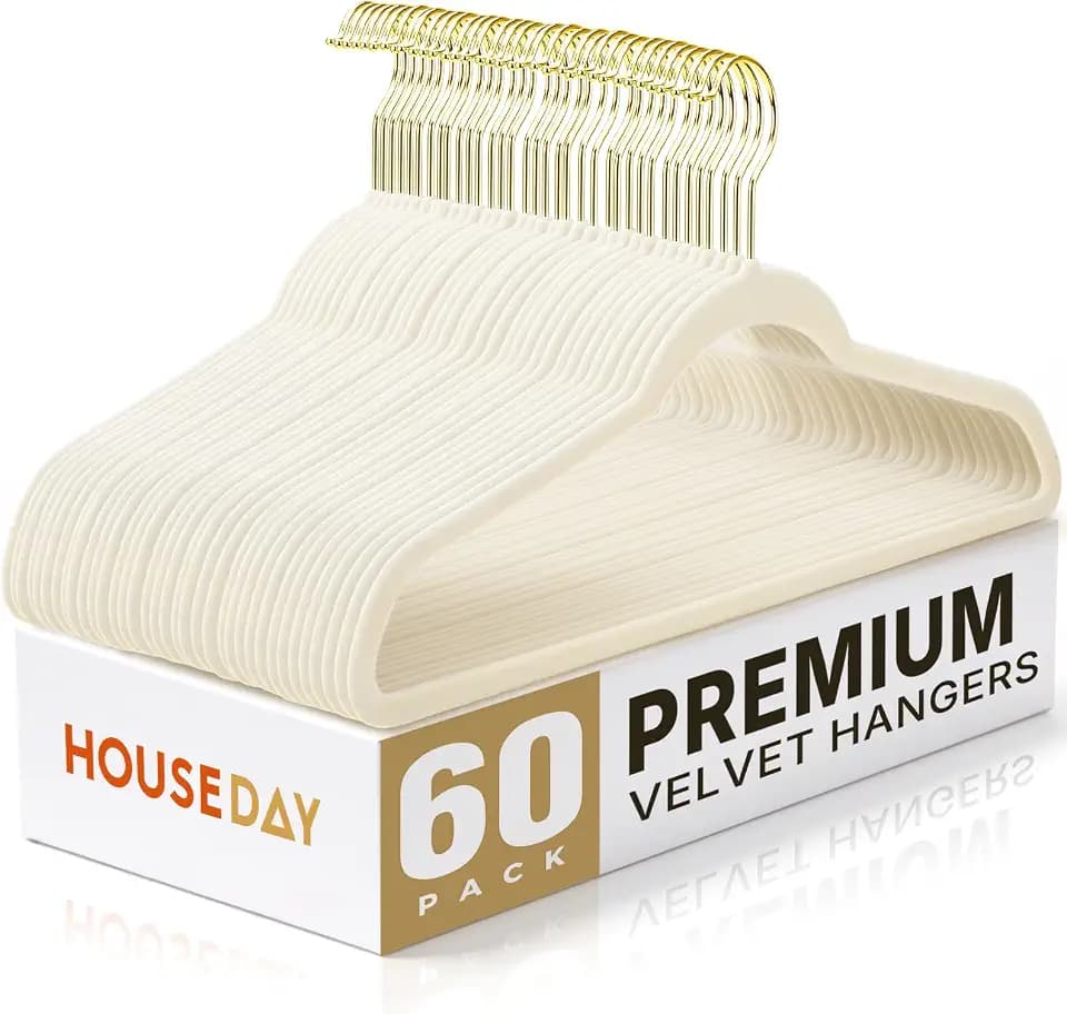 HOUSE DAY Ivory Velvet Hangers 60 Pack with Gold Hooks, Non-Slip, No Marks