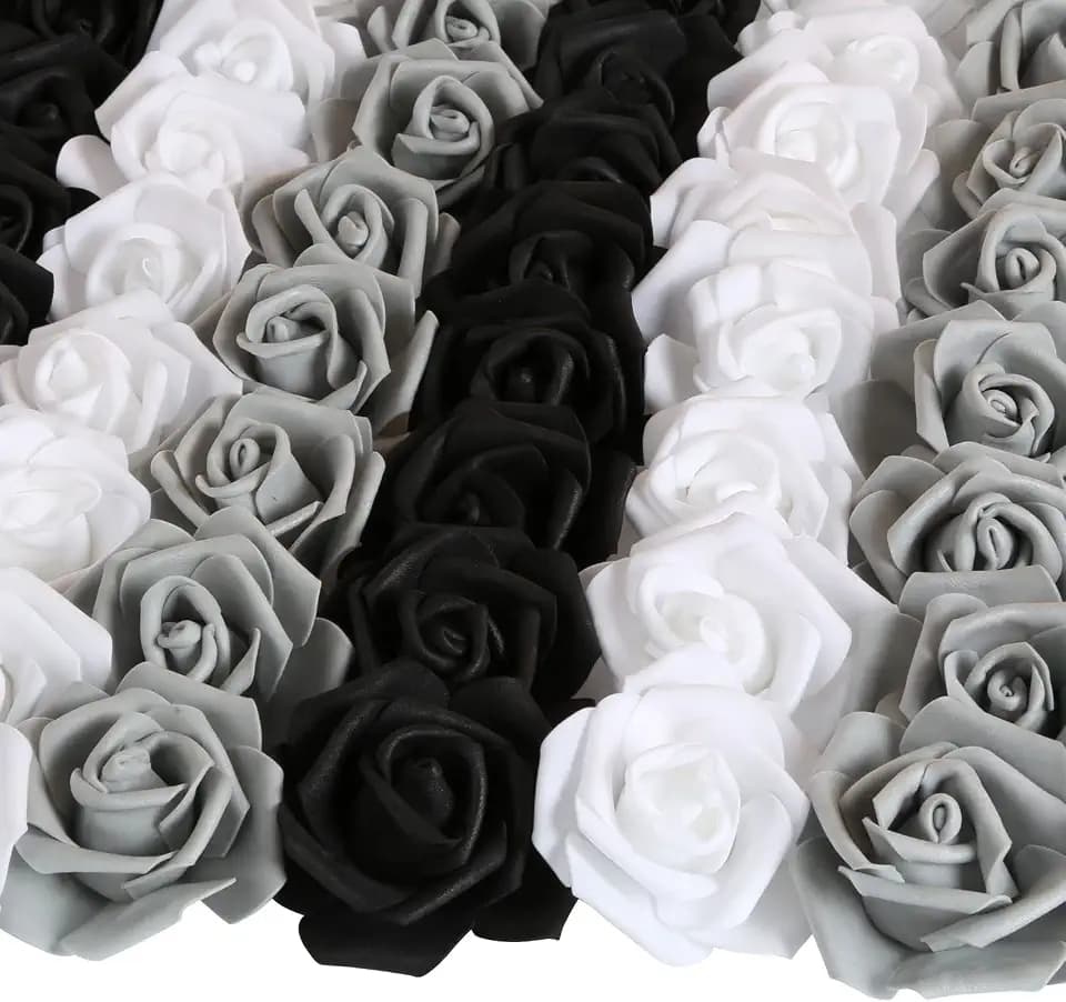 100pcs Black Roses Artificial Flowers,3inch White Foam Fake Rose Heads Stemless Gray Faux Flowers Bulk for DIY Crafts,Cake Wedding,Baby Shower Centerpieces Decor(Black,White,Gray)