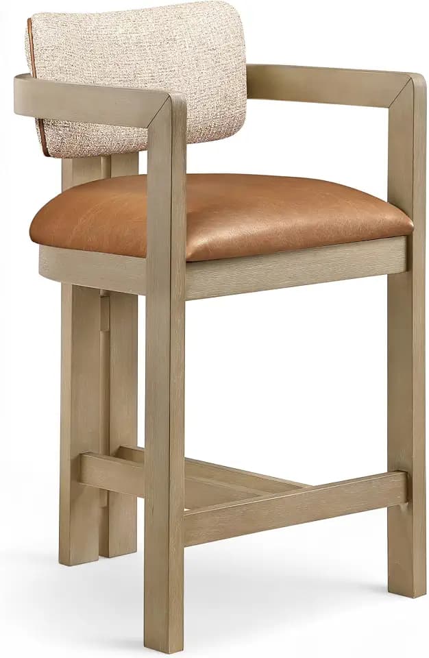 Meridian Furniture 88080Cognac-C Ravina Collection Modern | Contemporary Counter Stool, Vegan Leather Seat, Linen Textured Fabric Back, Vegan Leather Piping, 20.5" W x 21" D x 33.75" H, Cognac