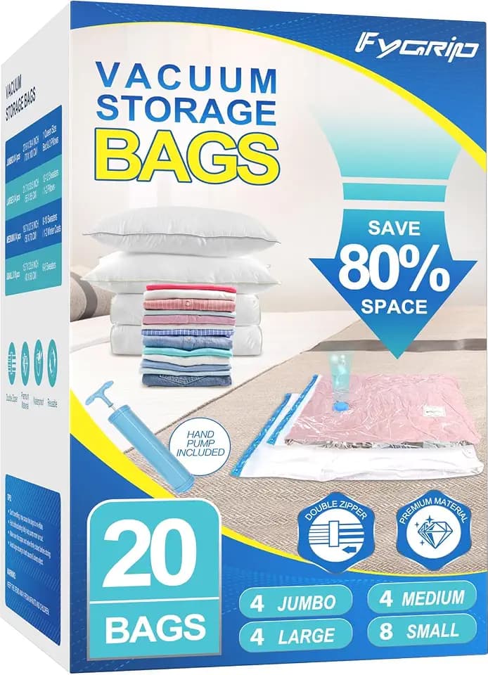 Fygrip 80% Space Saver Vacuum Storage Bags with Hand Pump, 20 Combo