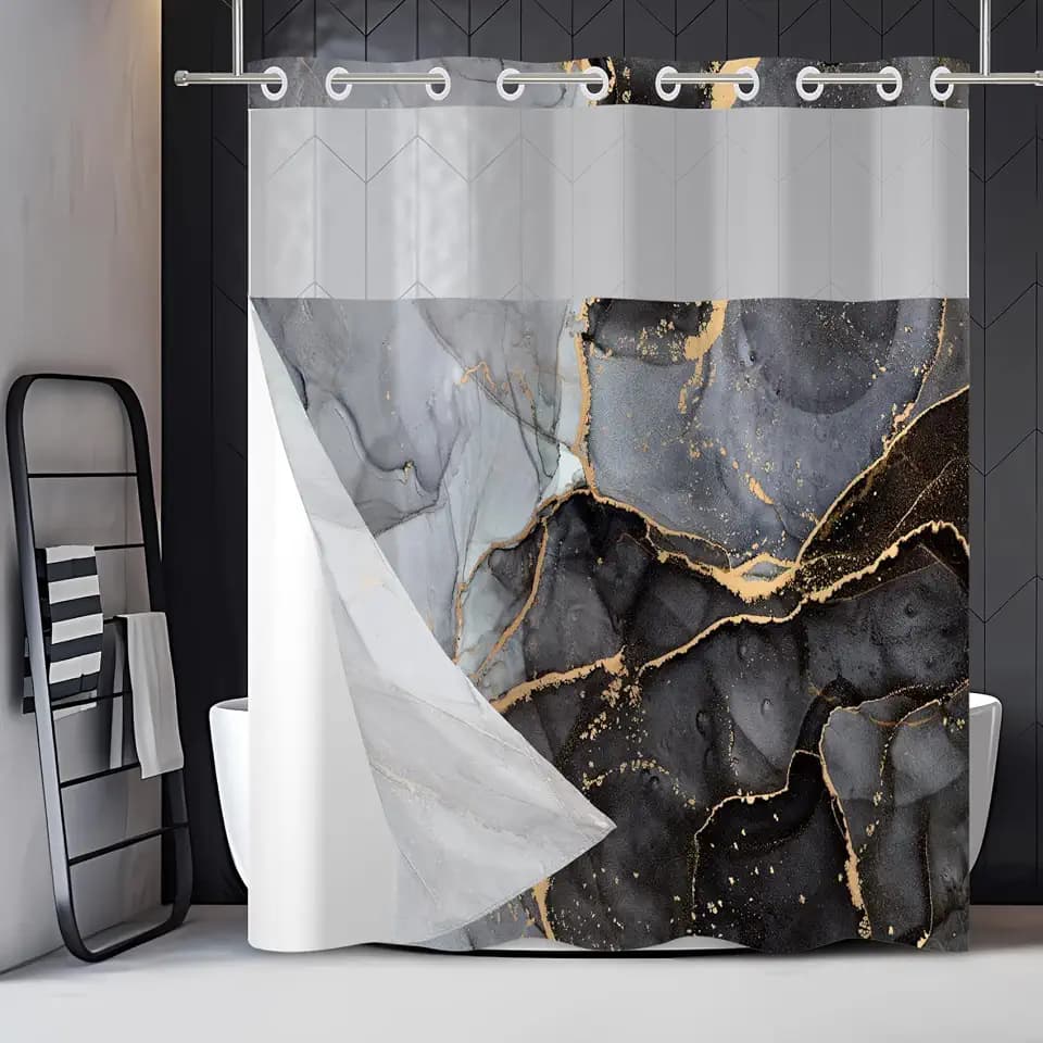 No Hook Gray Black Marble Shower Curtain with Snap in Liner Luxury Abstract Double Layers Waterproof Fabric with See Through Top Window Hotel Bath Shower Curtain and Liner Set 71x74 Inch
