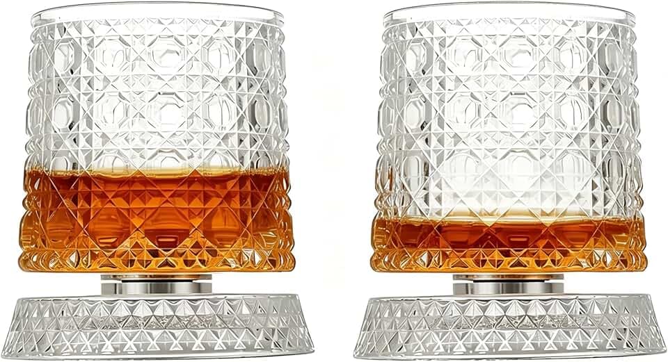 2 Pack 9 oz Clear Whiskey Glasses with Rotating Glass Base, Old Fashioned Glasses ,Spinning Tumbler Set for Bourbon, Scotch, or Cocktails – Unique Gifts for Men (2, 9, ounces)