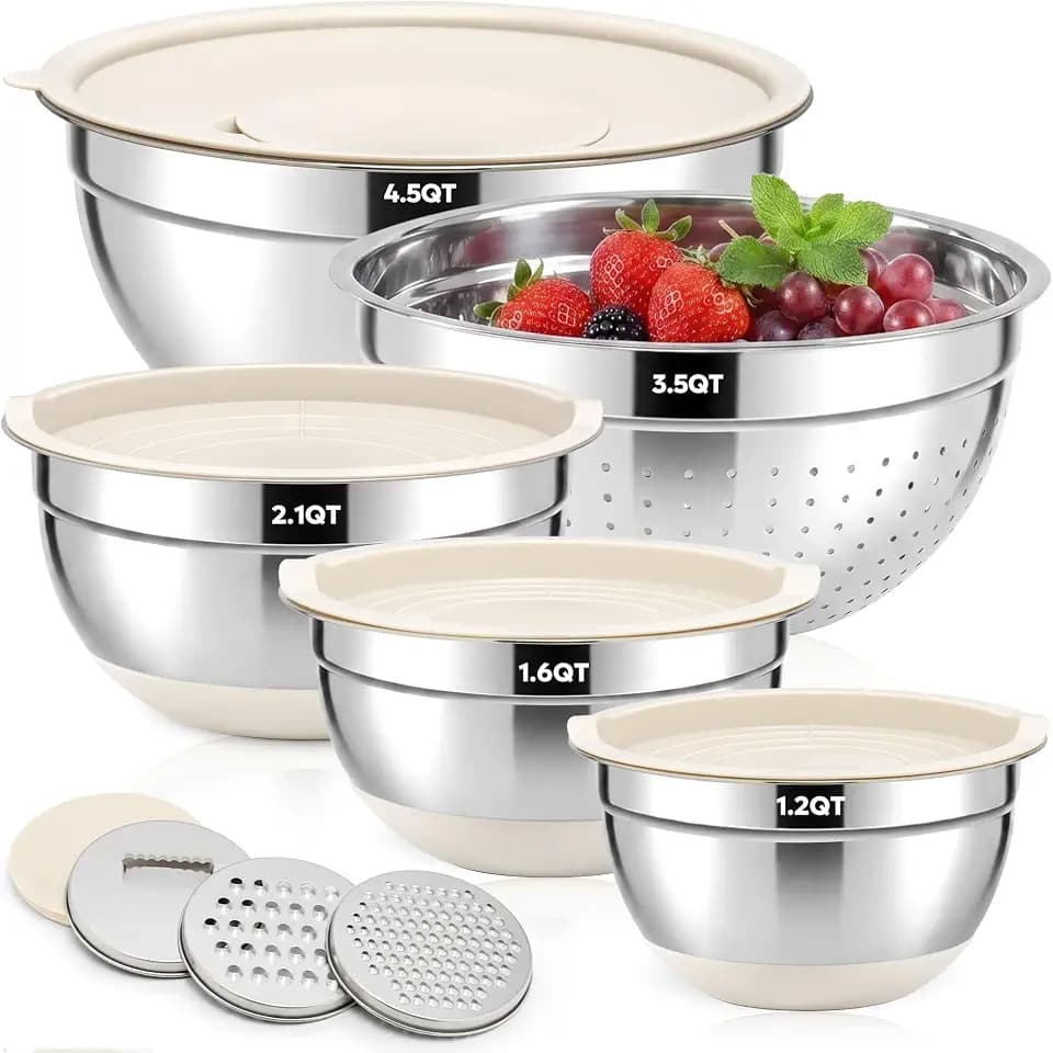 Fire More Mixing Bowls with Airtight Lids Set, Stainless Steel Salad Bowls with Non-Slip Silicone Bottoms, 8PCS Nesting Kitchen Bowls with Colander,Grater Attachments, for Mixing Cooking Prep