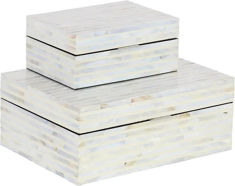 Deco 79 Mother of Pearl Shell Handmade Decorative Box Decorative Keepsake Boxes with Linear Mosaic Pattern and Hinged Lid, Set of 2 Storage Boxes 12", 8"W, White