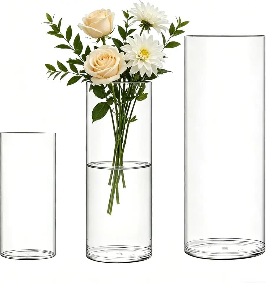 Flower Vase Acrylic Cylinder,Set of 3 Pcs, Clear Vase for Centerpieces,Wedding Decorative,Home Décor, Non Breakable Plastic, 3.94"x7.86"+4.72"x9.84"+5.9"x11.8" Tall Round - Clear