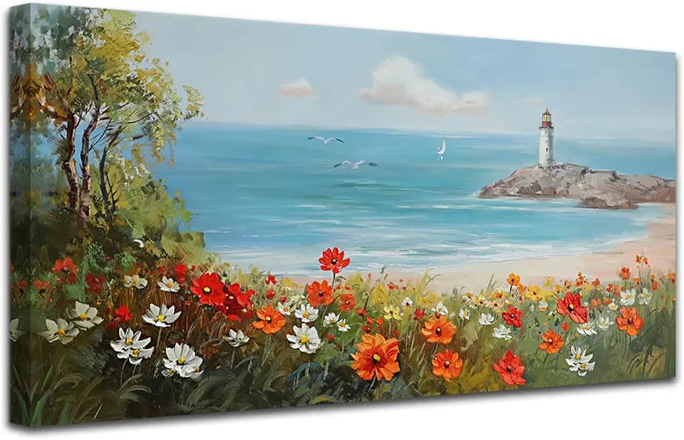 Ardemy Lighthouse Framed Canvas Wall Art for Living Room Blue Ocean Painting Seascape Landscape Coastal Picture Textured Bedroom Oversized Artwork Home Office Wall Decor, Extra Large 58"x29"
