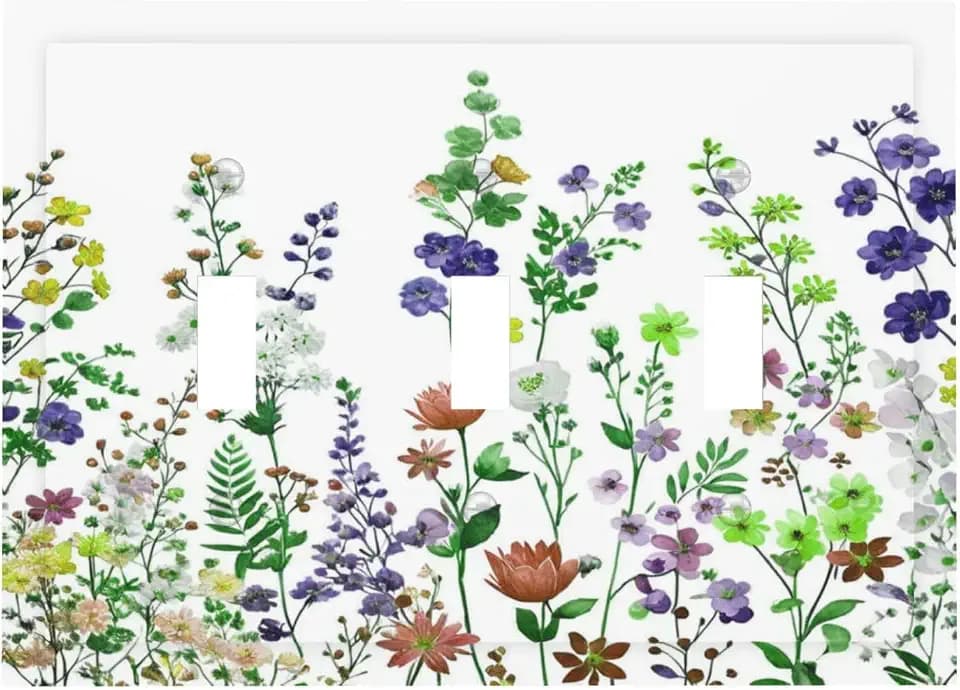 Decorative Light Switch Plate Covers Rustic Colorful Wild Flowers Boho Purple Green Floral 3 Gang Wall Plate Switch Cover Plate Triple Toggle Jumbo Electrical Faceplate for Bedroom Decor
