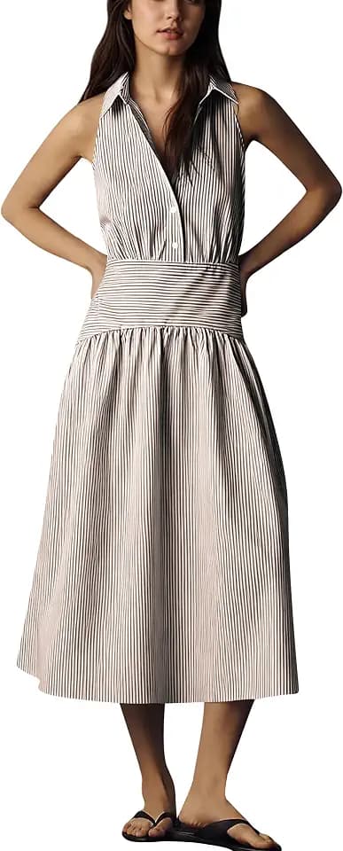 Womens Summer Sleeveless Shirt Dress Button Down V Neck Collar Causal Maxi Dress A Line Flowy Vacation Long Dresses