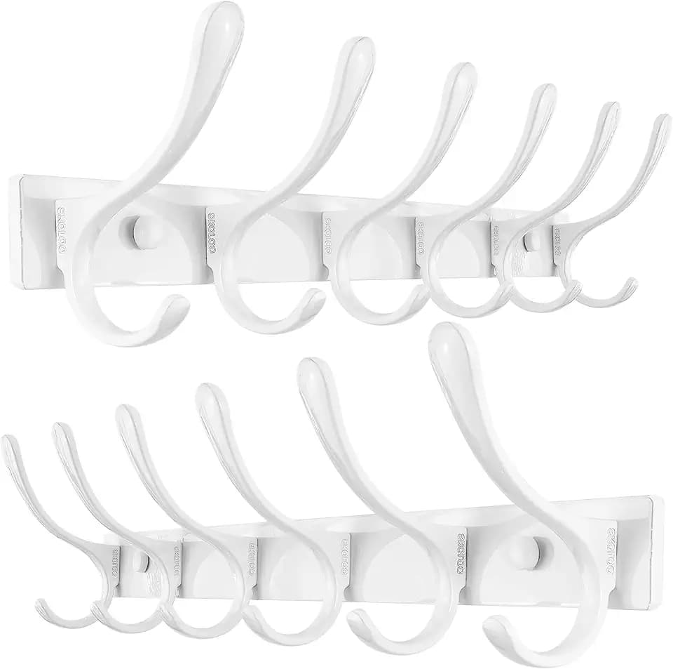 SKOLOO Heavy Duty Wall Mounted Coat Rack - 6 Hooks, Stainless Steel, Pack of 2, Sturdy Coat Hooks for Hanging Clothes, Jacket, Hat, White