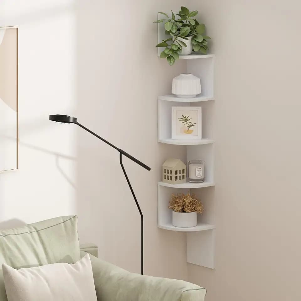 Furinno Rossi 5-Tier Floating Corner Shelf for Wall, Corner Zigzag Shelf Wall Mounted, Radial Wall Mount Shelves, for Home Office, Living Room, Bedroom, Bathroom, White