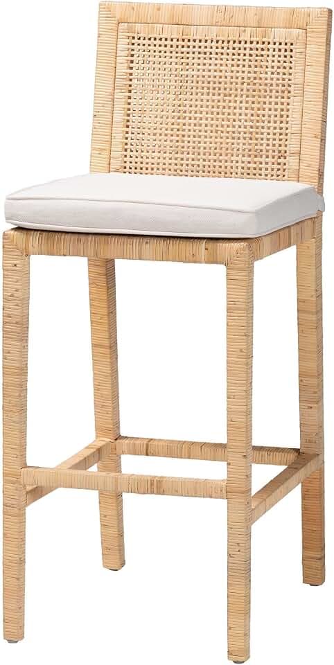 bali & pari Sofia Natural Rattan Bar Stool with Mahogany Wood Frame - Handwoven Wicker Seating with Removable Cushion, Bar Height, Natural