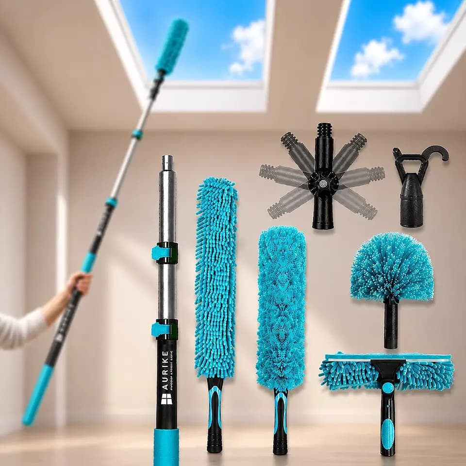 High Ceiling Duster Kit with 4.5-18T Heavy Duty Extension Pole, Reaches Up to 25FT, Includes Microfiber Feather Duster, Cobweb and Ceiling Fan Duster, Window Squeegee Cleaner & Skylight Hook (18FT)