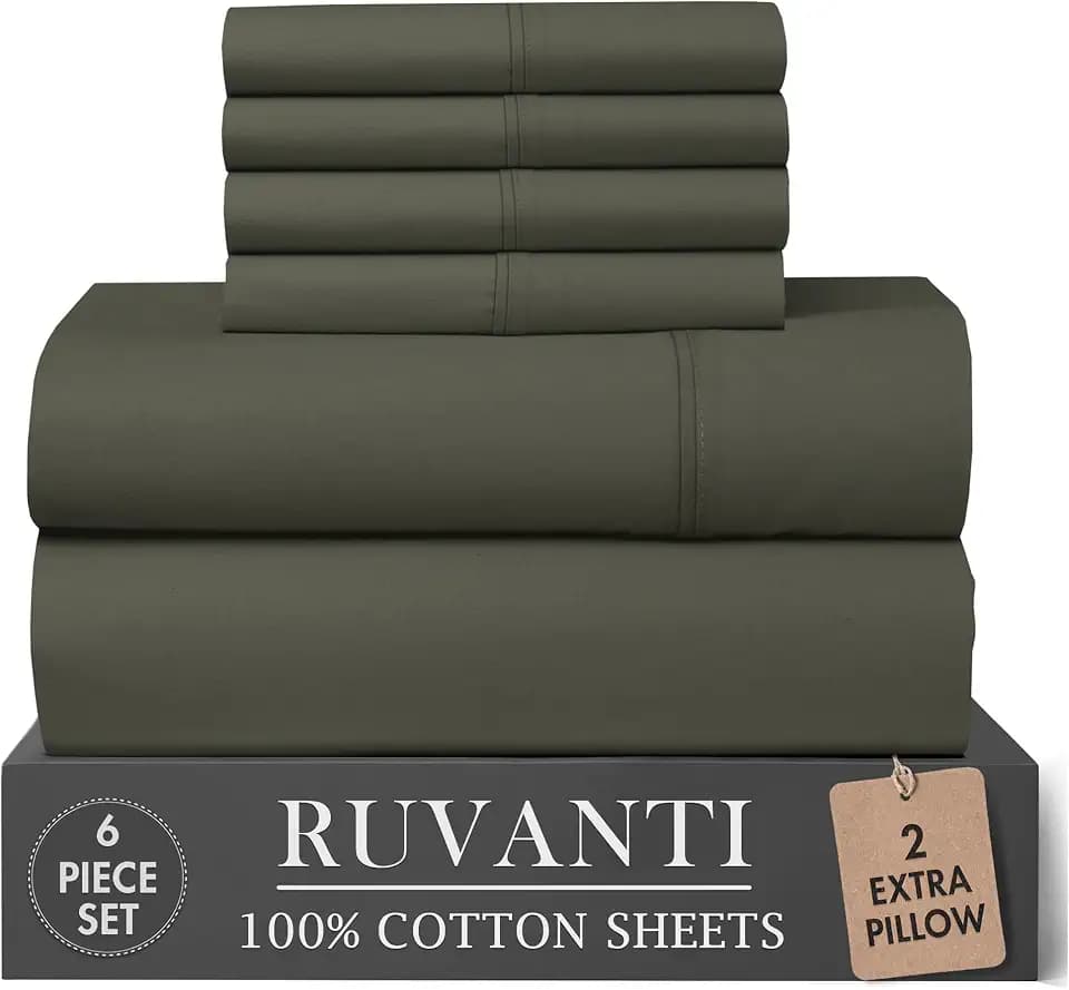 RUVANTI 100% Cotton Queen Sheets, Percale Queen Sheet Set, Deep Olive