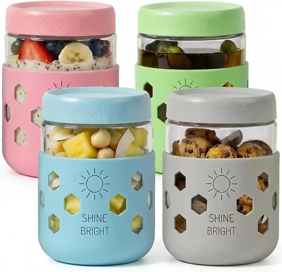 4 Pack Overnight Oats Containers with Lids - Thickened Glass 16 oz Mason Jars with Silicone Sleeves, Wide Mouth Airtight Leak-Proof Chia Seed Pudding Meal Prep Jars for Yogurt Parfait Snacks