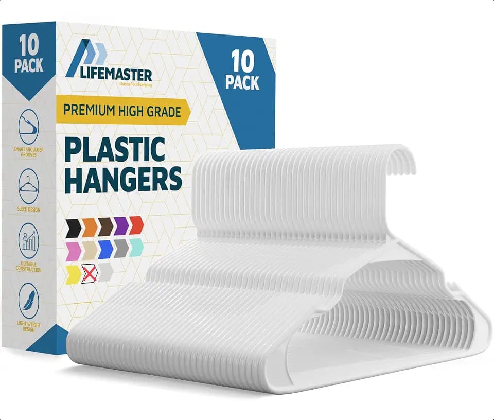 Lifemaster Plastic Clothes Hangers – Heavy Duty Hanger Set, for Organizing Clothes, Dresses, and Coat, Holds Up to 5 lbs, Space-Saving Hangers with Non-Slip Shoulder Grooves, Pack of 10, White