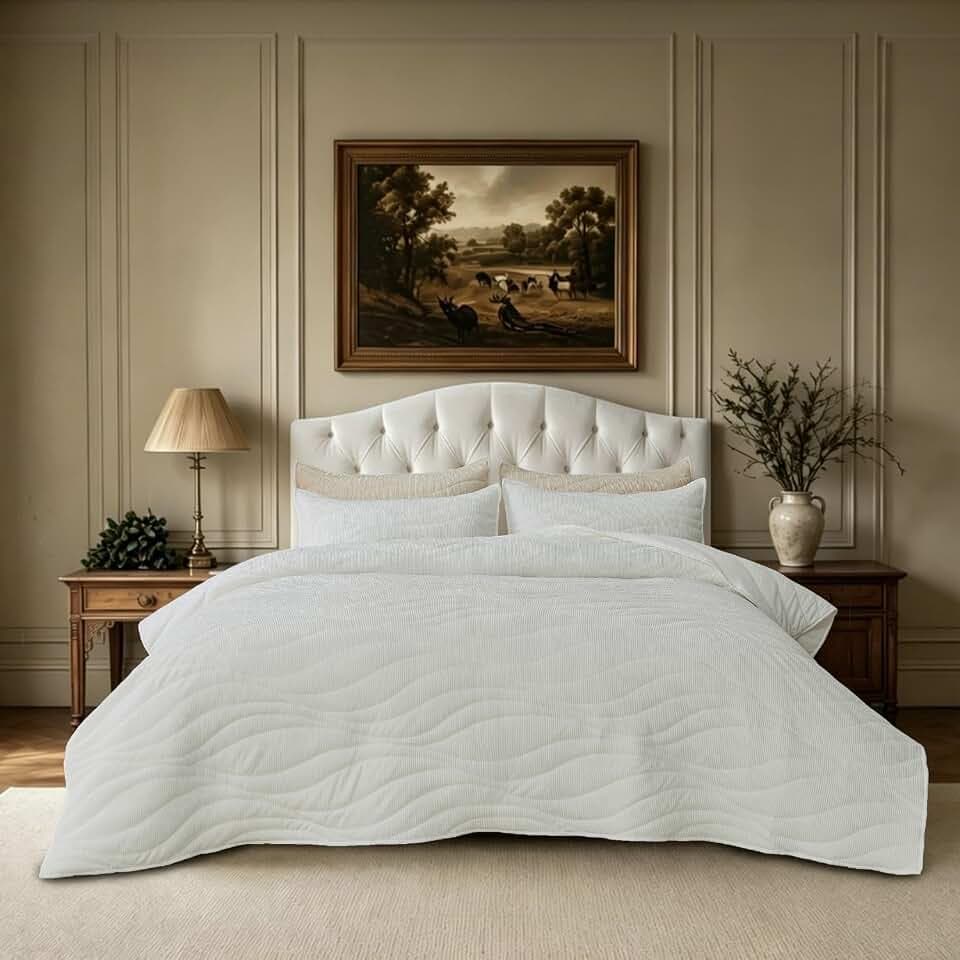DOWN HOME Crinkle Textured Velvet Quilt Set with Shams, All-Season Luxury Modern Bedding,Easy Care Comforter,Ultra-Soft,Lightweight & Breathable, King, Throne White