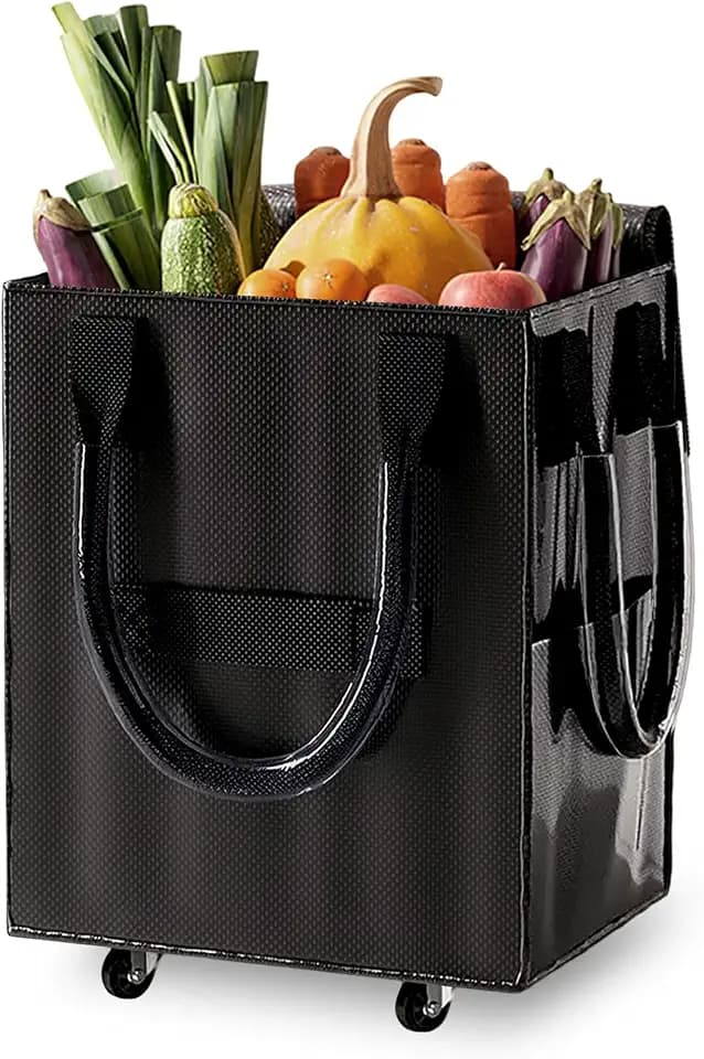 Reusable Grocery Bag on Wheel, Foldable Shopping Cart with Wheels, Can Carry up to 67 Pounds, Suitable for Groceries, Laundry, Camping and Moving. (Black - Small)