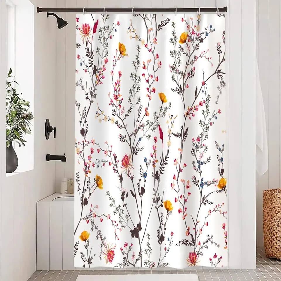 Pink and Yellow Floral Stall Shower Curtain with Hook, 48x72 Inch