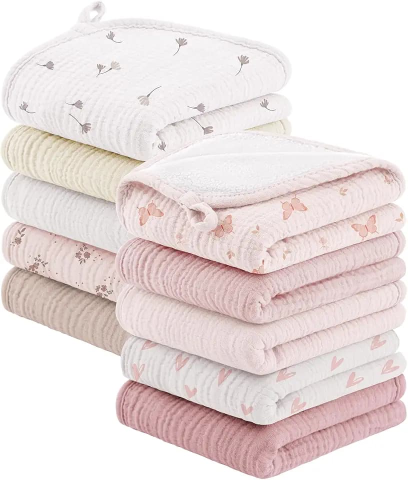 Bearmoss 10 Pack Muslin Burp Cloths, 20"×10" Absorbent Baby Burping Cloths (Pink Butterfly)