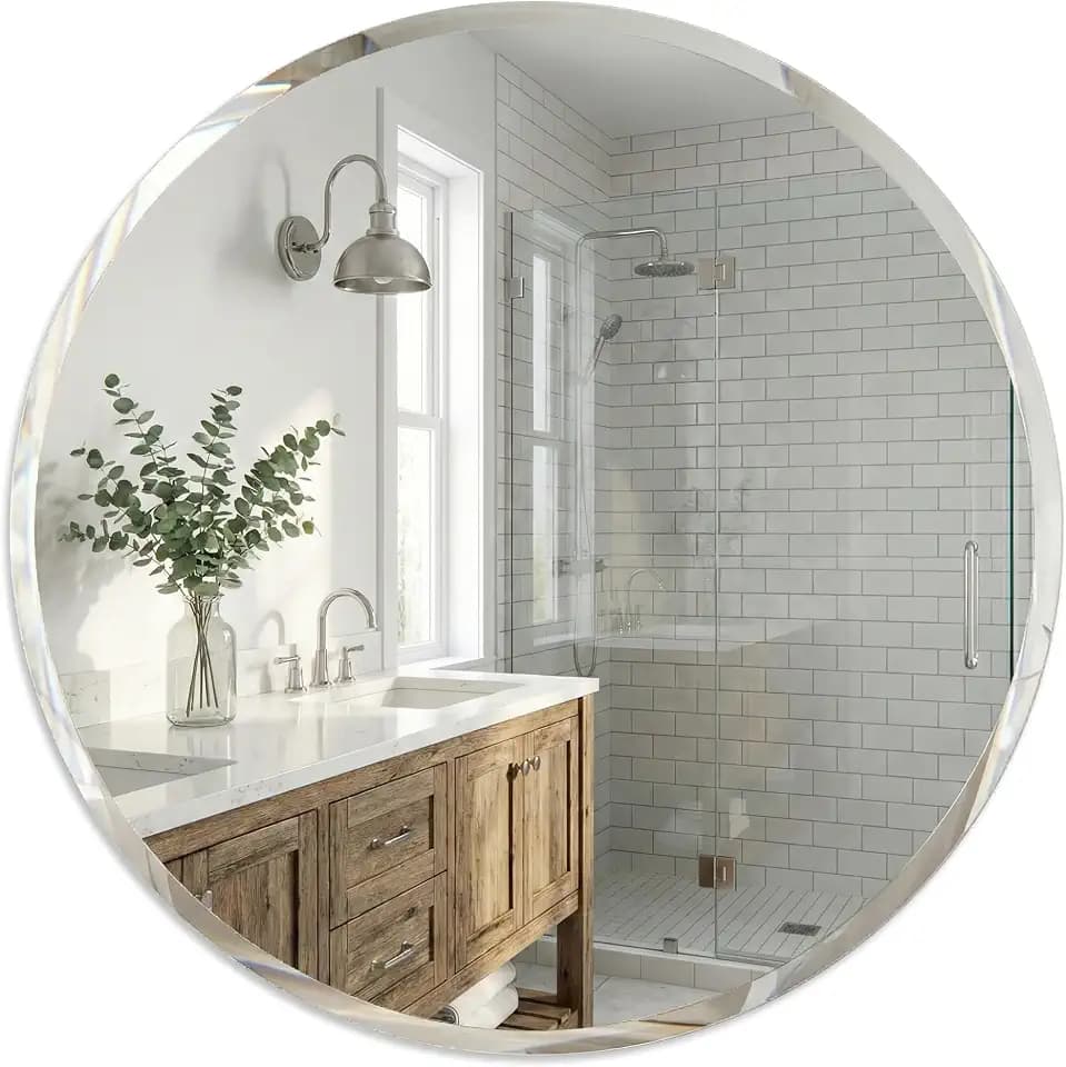 24 Inch Round Frameless Bathroom Mirror with Solid Backing, Beveled Edge Circle Vanity Mirror for Over Sink, Small Wall Mirror for Entryway Bedroom Decor