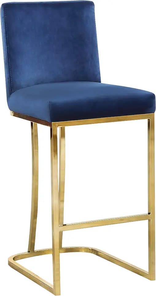 Meridian Furniture Heidi Collection Modern | Contemporary Velvet Upholstered Counter Stool with Polished Gold Metal Legs, 16" W x 19.5" D x 36.5" H, Navy