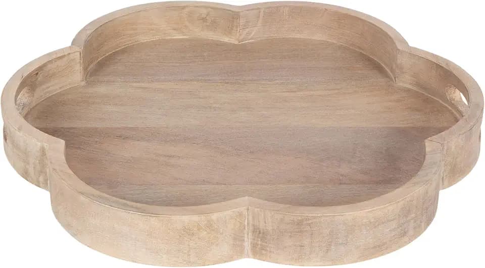 Kate and Laurel Winstead Decorative Scalloped Mango Wood Round Ottoman Tray, 19 Inch Diameter, Light Natural, Wooden Circular Serving Tray with Handles as Tray for Ottoman Coffee Table