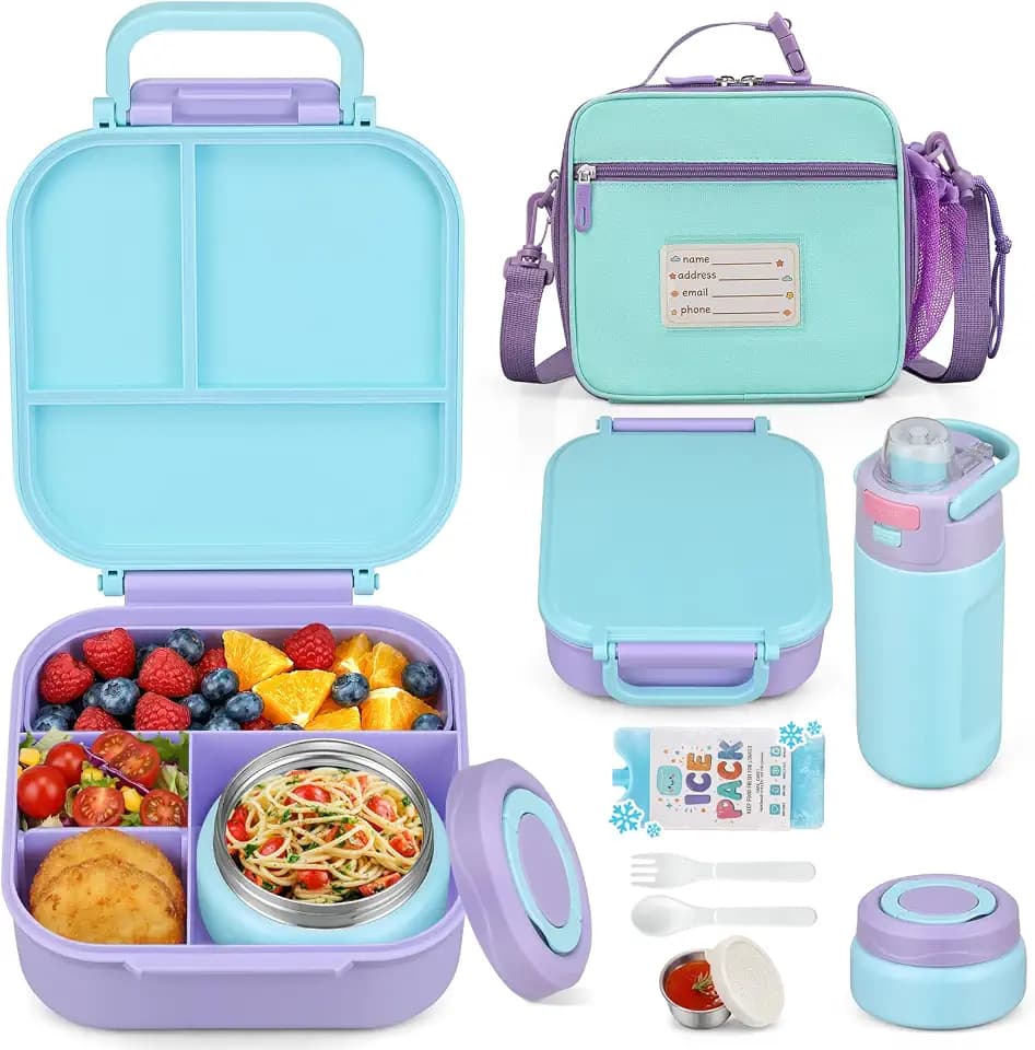 Itslife Bento Lunch Box for Kids Set, insulated food container, 7 oz thermos for hot food, 12 oz thermos water bottle, Reusable Insulated Ice Bag & Fork Spoon Utensils Camping Travel Purple