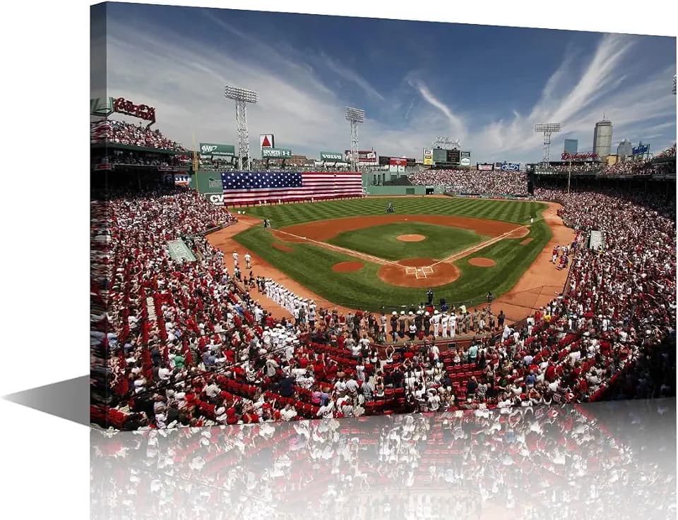 TUMOVO Fenway Park Canvas Art Wall Decor Boston Baseball Field Skyline Bedroom Wall Art Pictures for Living Room USA Sports Stadium Wall Painting Modern Wall Art Framed Ready to Hang 18x12in